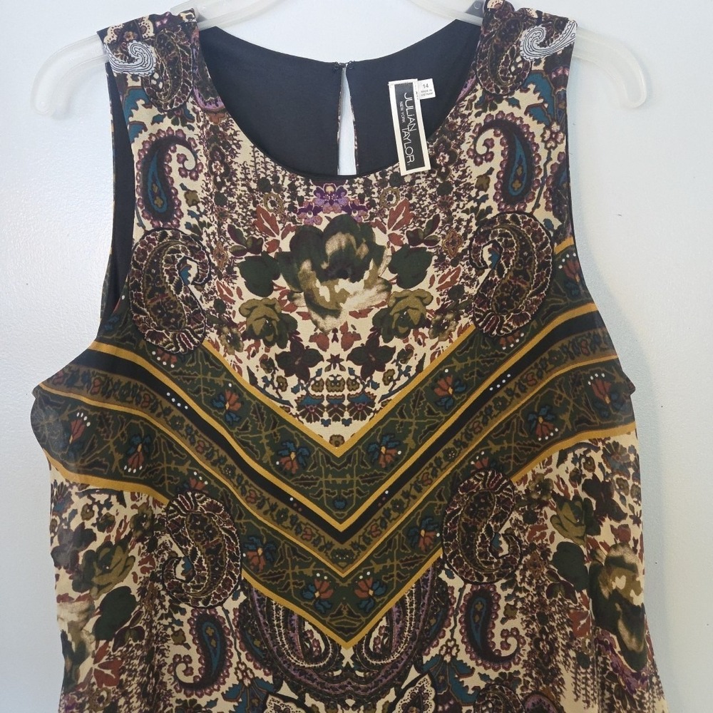 Julian Taylor New York Size 14 Sleeveless Border Shift Dress Paisley Earthy